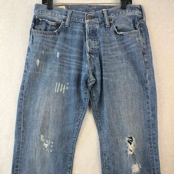 Abercrombie Fitch Mens Low Rise Boot Cut Jeans Size 33x34 Blue denim Distressed - Picture 2 of 16